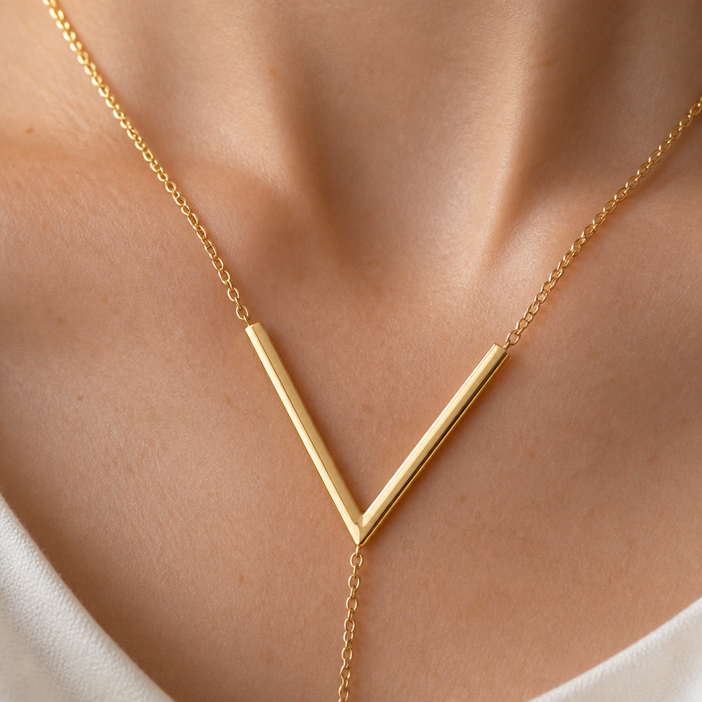 LumaRadiance – Minimalist Gold Lariat Necklace with V-Bar Pendant - Lamylie
