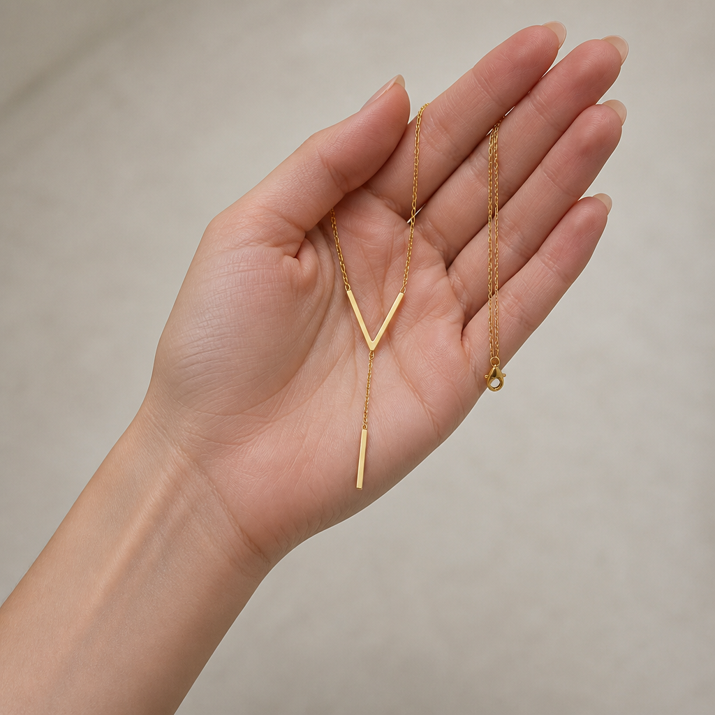 LumaRadiance – Minimalist Gold Lariat Necklace with V-Bar Pendant - Lamylie
