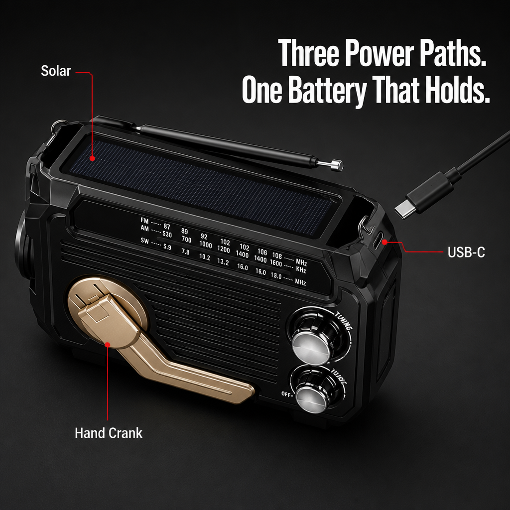 VoltGuard – Stromversorgung für Licht, Radio und SOS durch Kurbel, Sonne oder USB - Lamylie