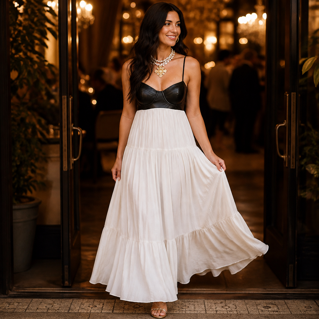 NoirFemme – Auffälliges Maxikleid aus Kunstleder mit Bustier und Stufenrock – Lamylie