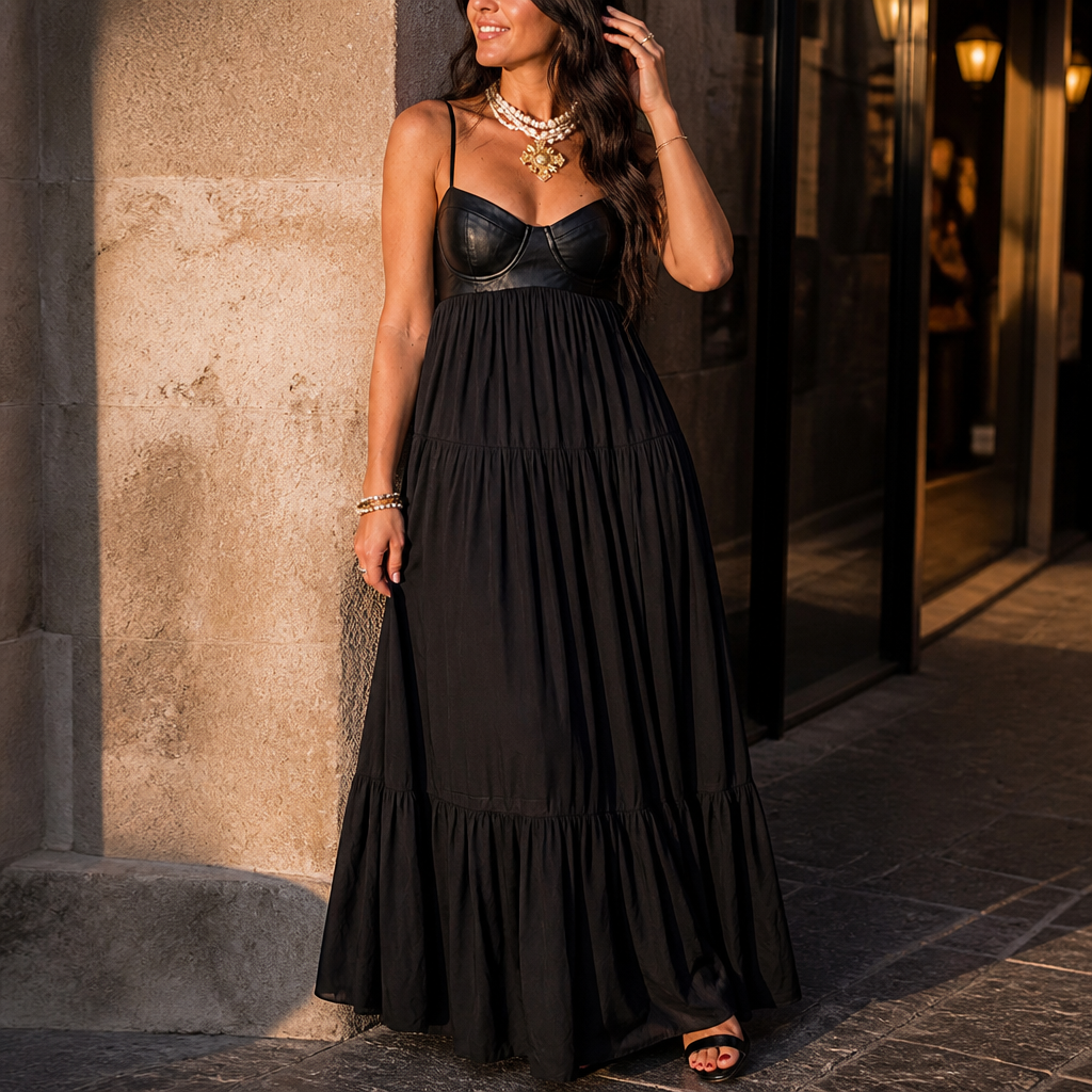NoirFemme – Auffälliges Maxikleid aus Kunstleder mit Bustier und Stufenrock – Lamylie