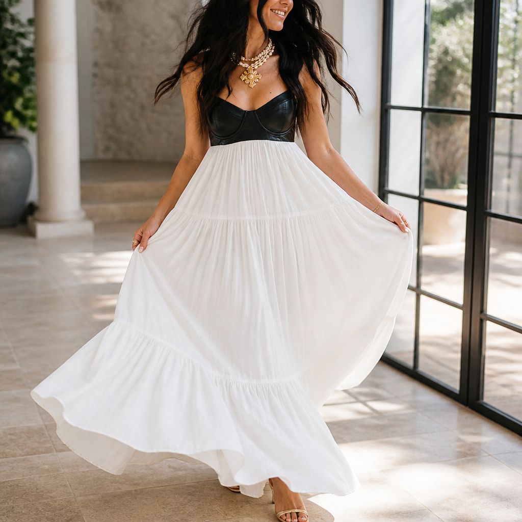 NoirFemme – Auffälliges Maxikleid aus Kunstleder mit Bustier und Stufenrock – Lamylie