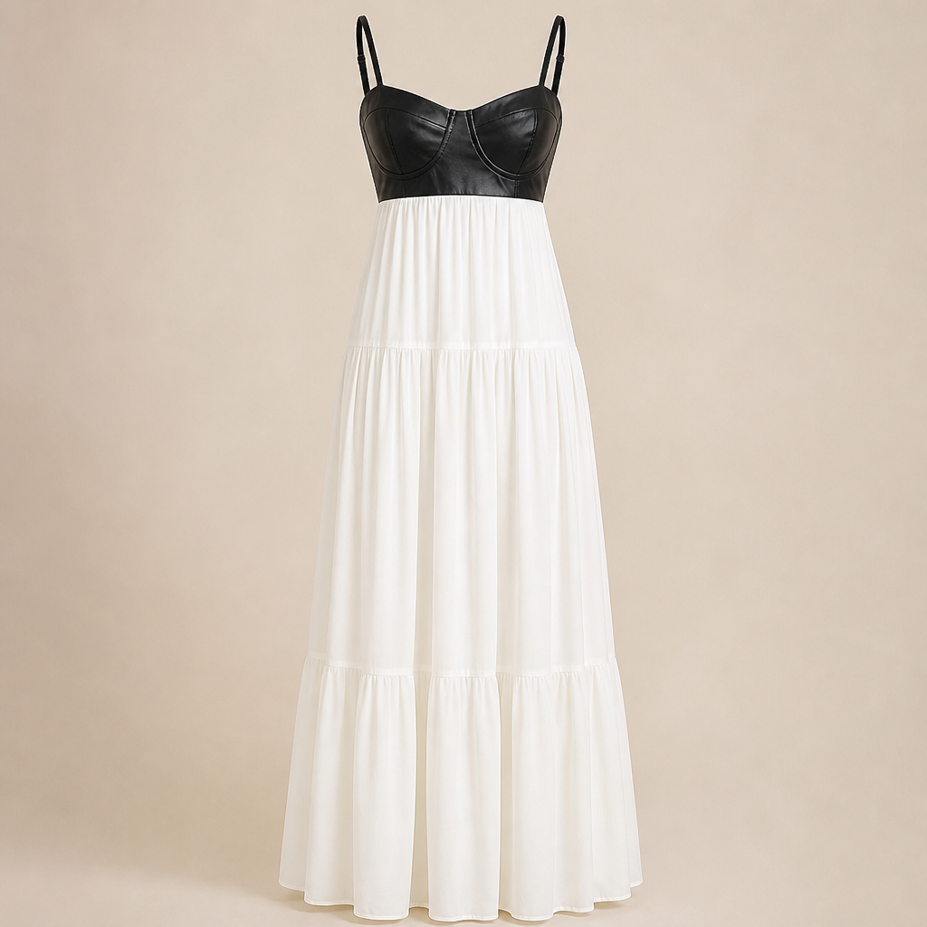 NoirFemme – Auffälliges Maxikleid aus Kunstleder mit Bustier und Stufenrock – Lamylie