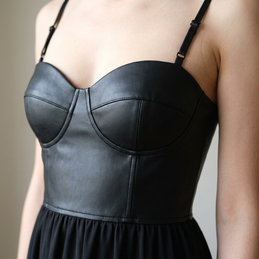 NoirFemme – Auffälliges Maxikleid aus Kunstleder mit Bustier und Stufenrock – Lamylie