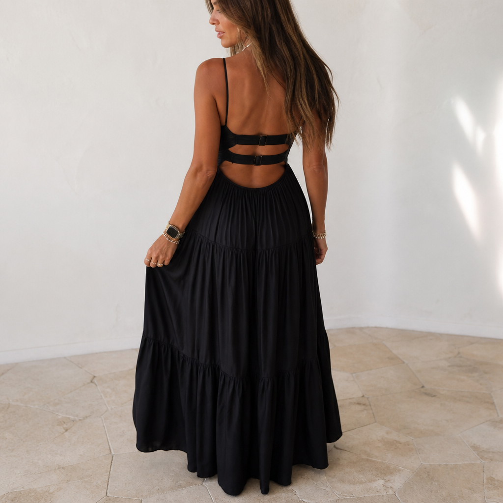 NoirFemme – Auffälliges Maxikleid aus Kunstleder mit Bustier und Stufenrock – Lamylie
