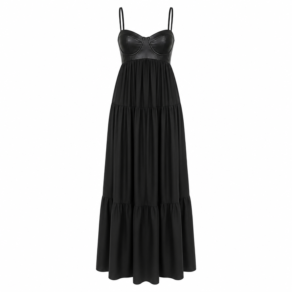 NoirFemme – Auffälliges Maxikleid aus Kunstleder mit Bustier und Stufenrock – Lamylie