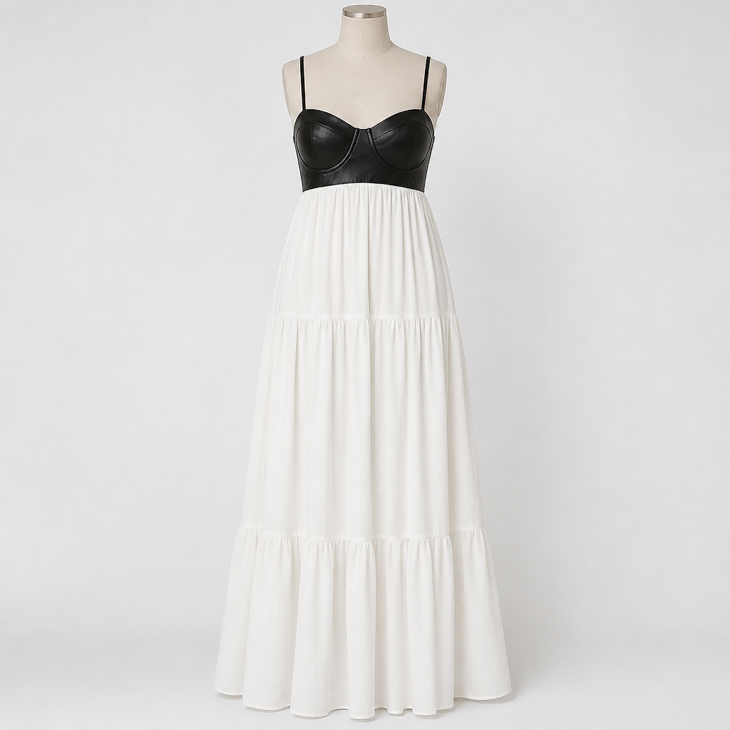 NoirFemme – Auffälliges Maxikleid aus Kunstleder mit Bustier und Stufenrock – Lamylie