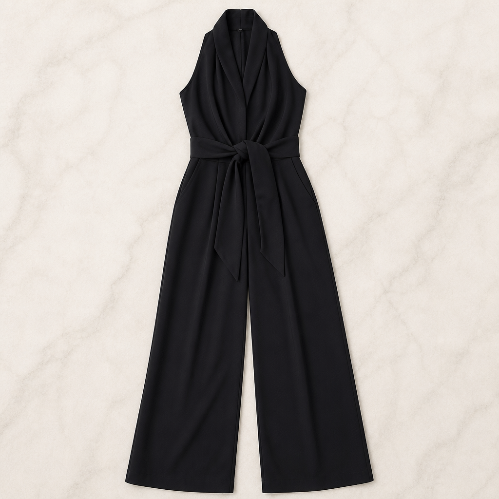 LuminaSilk – Draped Halter Wide-Leg Jumpsuit with Tie Waist - Lamylie