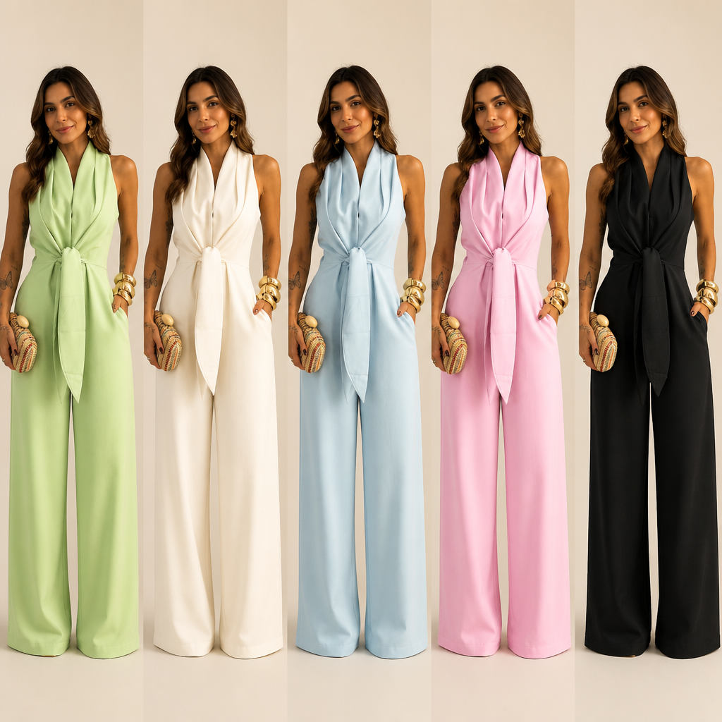 LuminaSilk – Draped Halter Wide-Leg Jumpsuit with Tie Waist - Lamylie