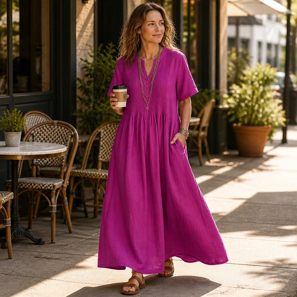 LioraBelle – Lässiges Leinen-Maxikleid mit Biesen und Taschen - Lamylie