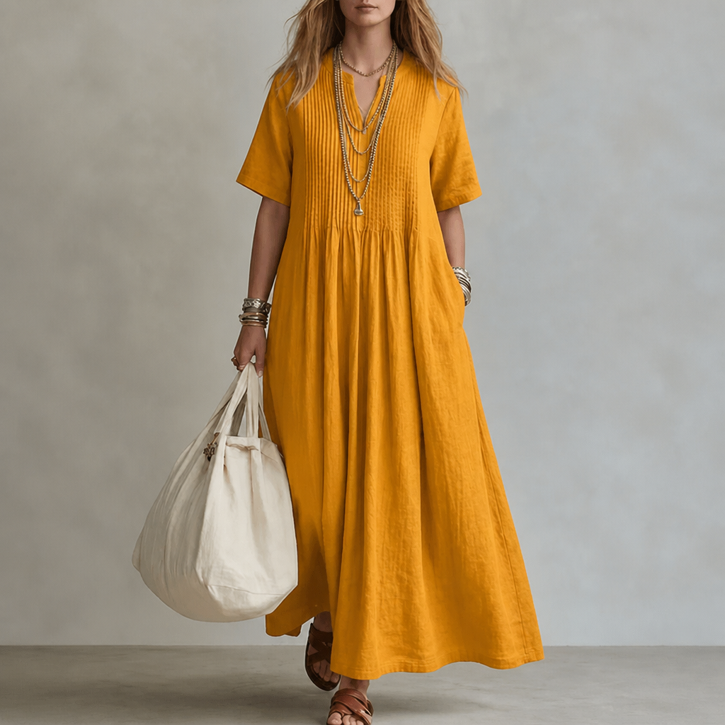LioraBelle – Lässiges Leinen-Maxikleid mit Biesen und Taschen - Lamylie