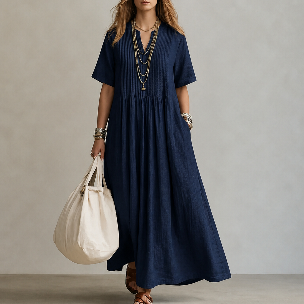 LioraBelle – Lässiges Leinen-Maxikleid mit Biesen und Taschen - Lamylie