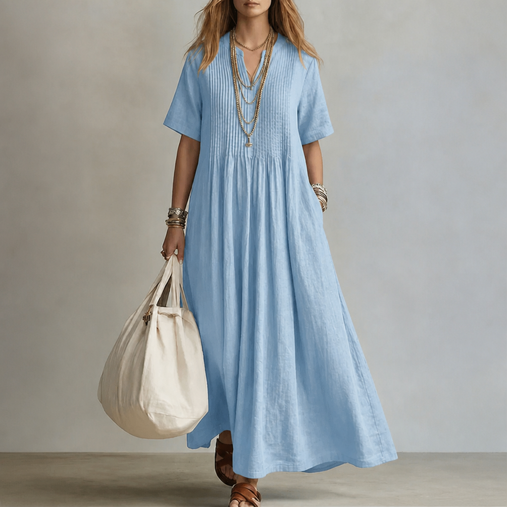 LioraBelle – Lässiges Leinen-Maxikleid mit Biesen und Taschen - Lamylie