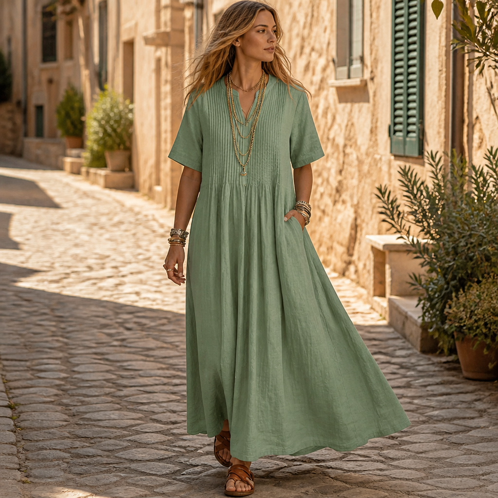 LioraBelle – Lässiges Leinen-Maxikleid mit Biesen und Taschen - Lamylie