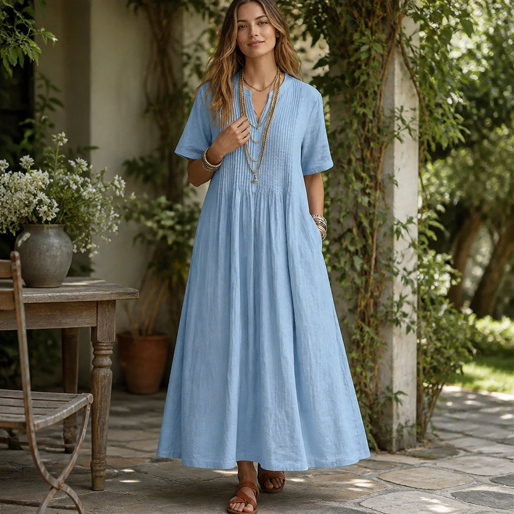 LioraBelle – Lässiges Leinen-Maxikleid mit Biesen und Taschen - Lamylie