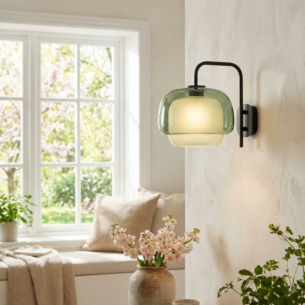 Colored Glass Wall Lamp with Round Shade | Green, Pink, Orange | Modern LED Lighting - Lamylie