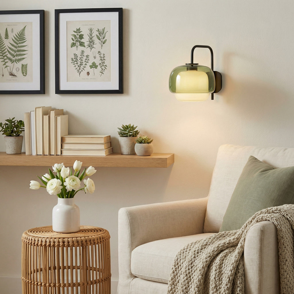 Colored Glass Wall Lamp with Round Shade | Green, Pink, Orange | Modern LED Lighting - Lamylie