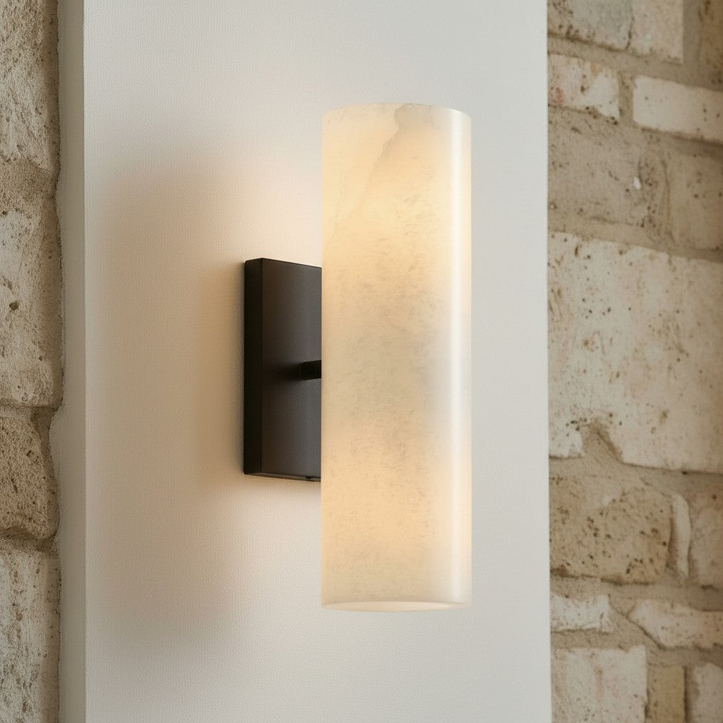 Cylindrical Wall Lamp with Natural Alabaster or Ribbed Glass Shade Bronze Nickel Brass - Lamylie