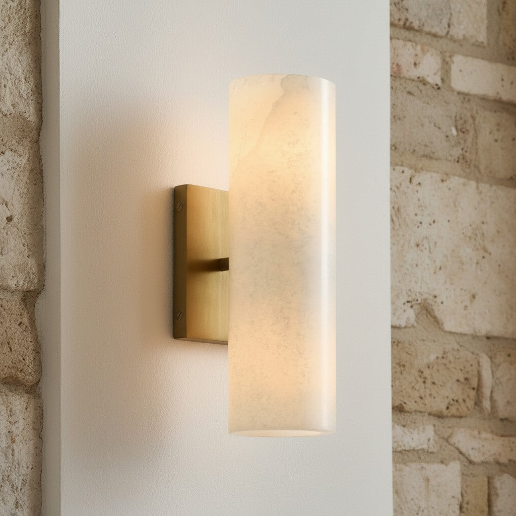 Cylindrical Wall Lamp with Natural Alabaster or Ribbed Glass Shade Bronze Nickel Brass - Lamylie
