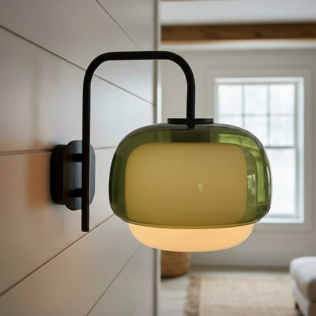 Colored Glass Wall Lamp with Round Shade | Green, Pink, Orange | Modern LED Lighting - Lamylie