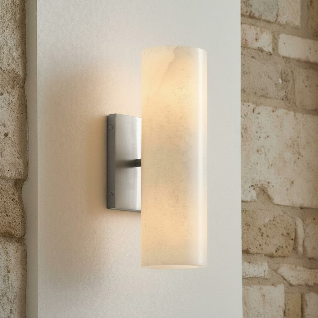 Cylindrical Wall Lamp with Natural Alabaster or Ribbed Glass Shade Bronze Nickel Brass - Lamylie