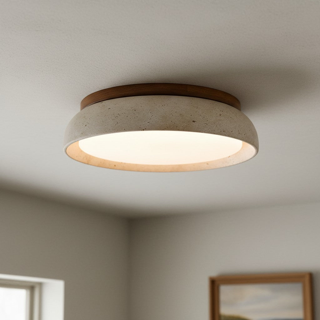 Scandinavian Ceiling Lamp Travertine with Wood Accent — Modern Round Surface-Mounted Spot Natural Stone and Acrylic Built-in LED Lighting Warm White 3000K Bedroom Hallway Entrance Living Room — Ø 30 cm × H 7 cm - Lamylie