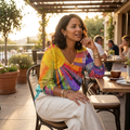 LuxeVera – Farbenfrohe Patchwork-Bluse mit Sonnenstrahlenmuster und V-Ausschnitt – Lamylie