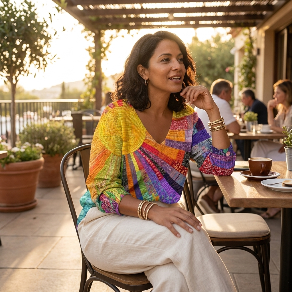 LuxeVera – Farbenfrohe Patchwork-Bluse mit Sonnenstrahlenmuster und V-Ausschnitt – Lamylie