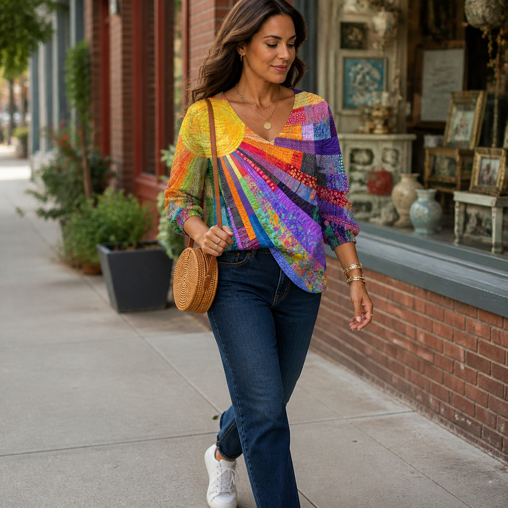 LuxeVera – Farbenfrohe Patchwork-Bluse mit Sonnenstrahlenmuster und V-Ausschnitt – Lamylie