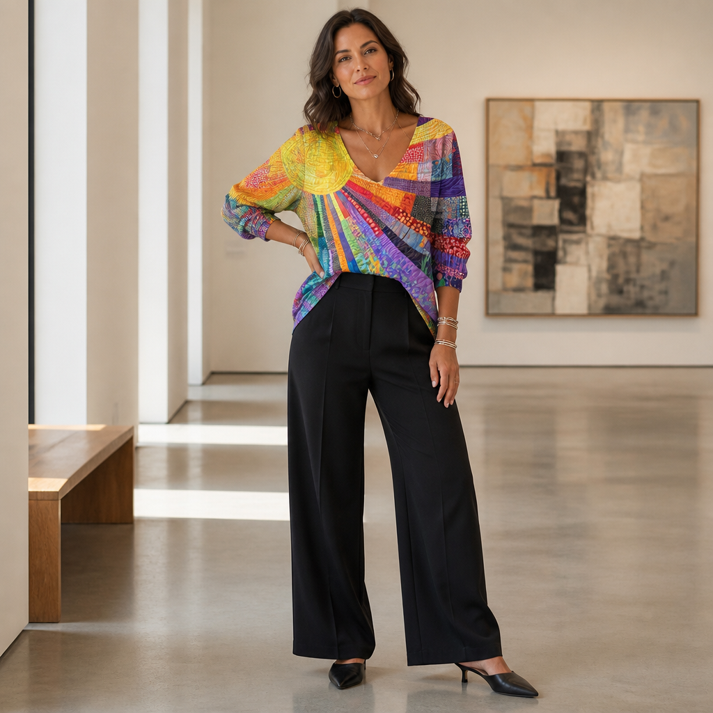 LuxeVera – Farbenfrohe Patchwork-Bluse mit Sonnenstrahlenmuster und V-Ausschnitt – Lamylie
