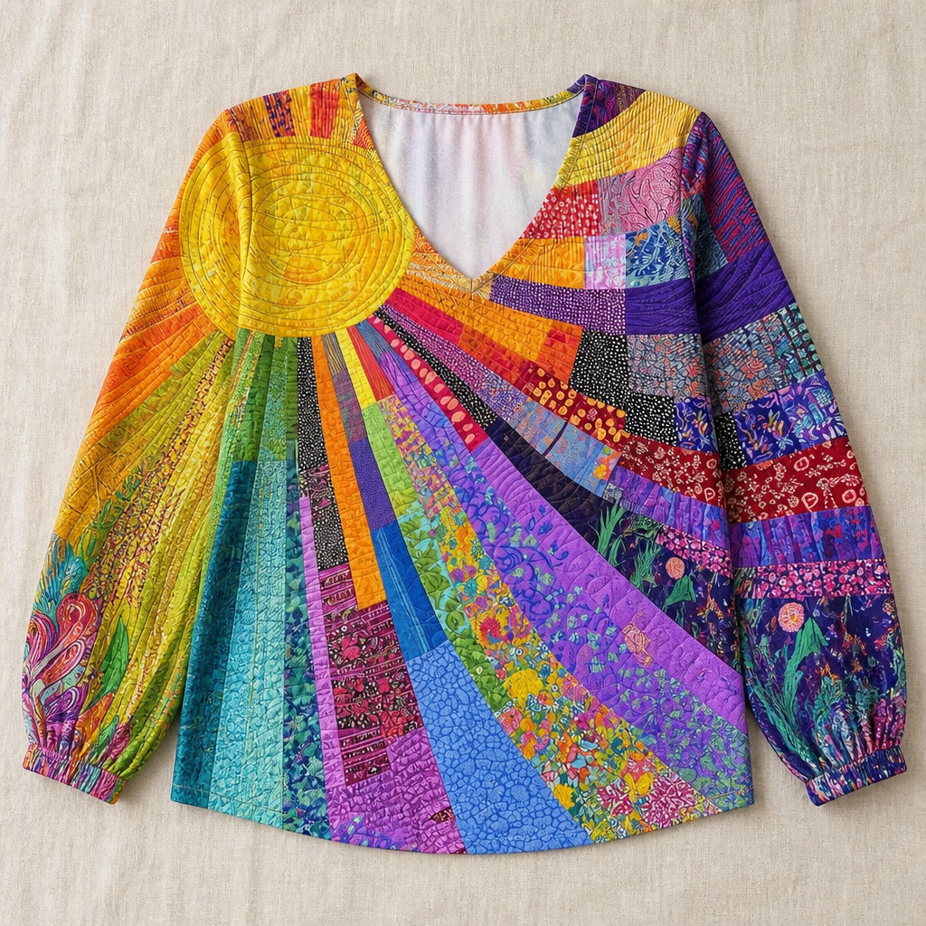 LuxeVera – Farbenfrohe Patchwork-Bluse mit Sonnenstrahlenmuster und V-Ausschnitt – Lamylie