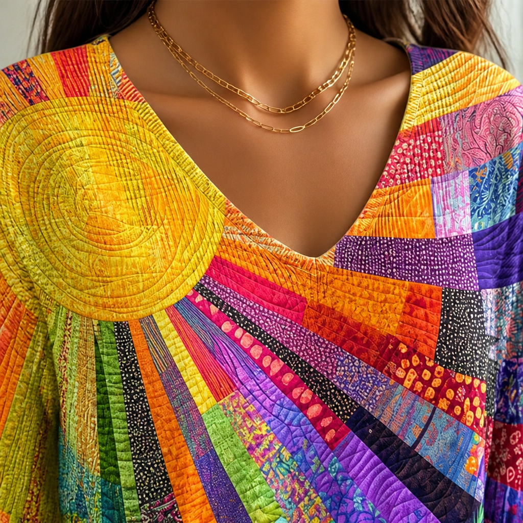 LuxeVera – Farbenfrohe Patchwork-Bluse mit Sonnenstrahlenmuster und V-Ausschnitt – Lamylie