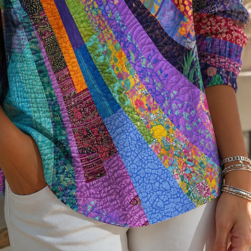 LuxeVera – Farbenfrohe Patchwork-Bluse mit Sonnenstrahlenmuster und V-Ausschnitt – Lamylie