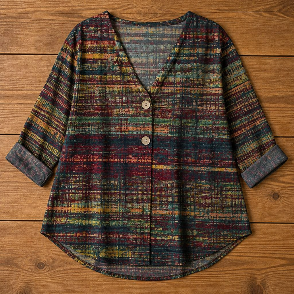 LuminaBelle – Camicetta con scollo a V e stampa vintage, maniche con polsini risvoltati - Lamylie