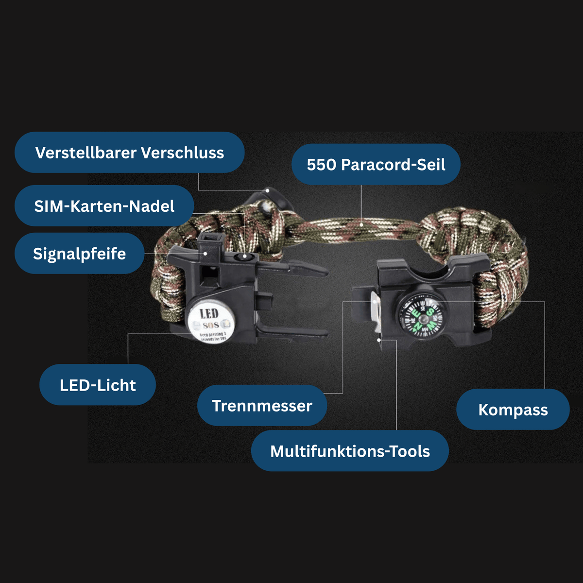 LED Compass Paracord Survival Bracelet - Lamylie