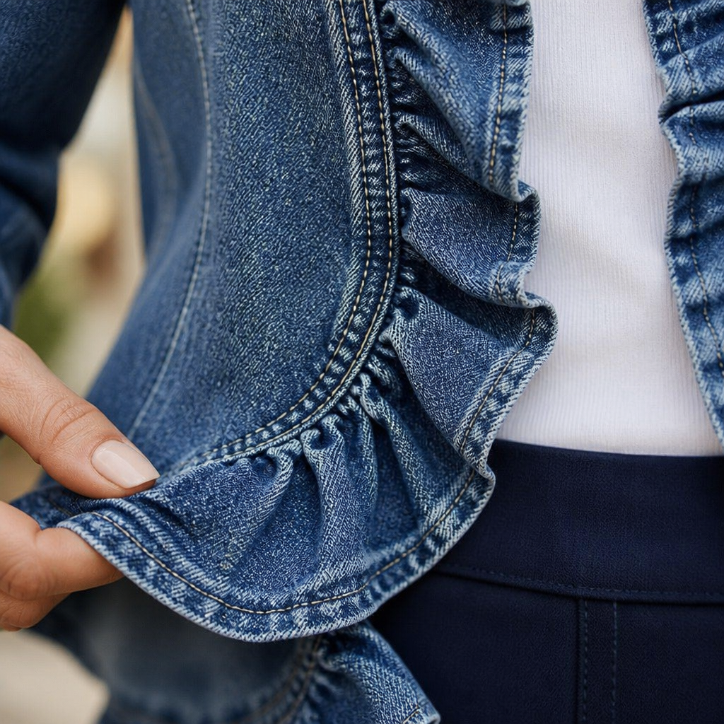 Denimfrihed – Let denimjakke med åben front og flæsekant - Lamylie