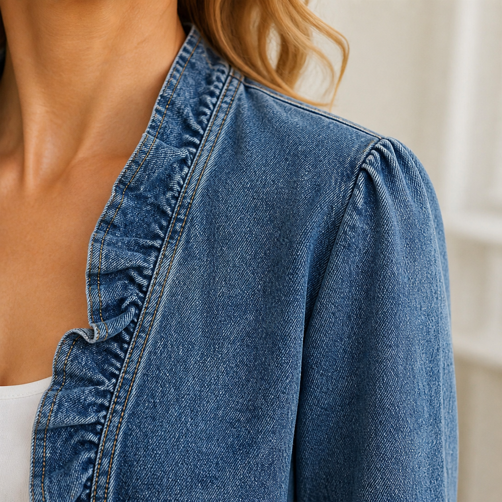 Denimfrihed – Let denimjakke med åben front og flæsekant - Lamylie
