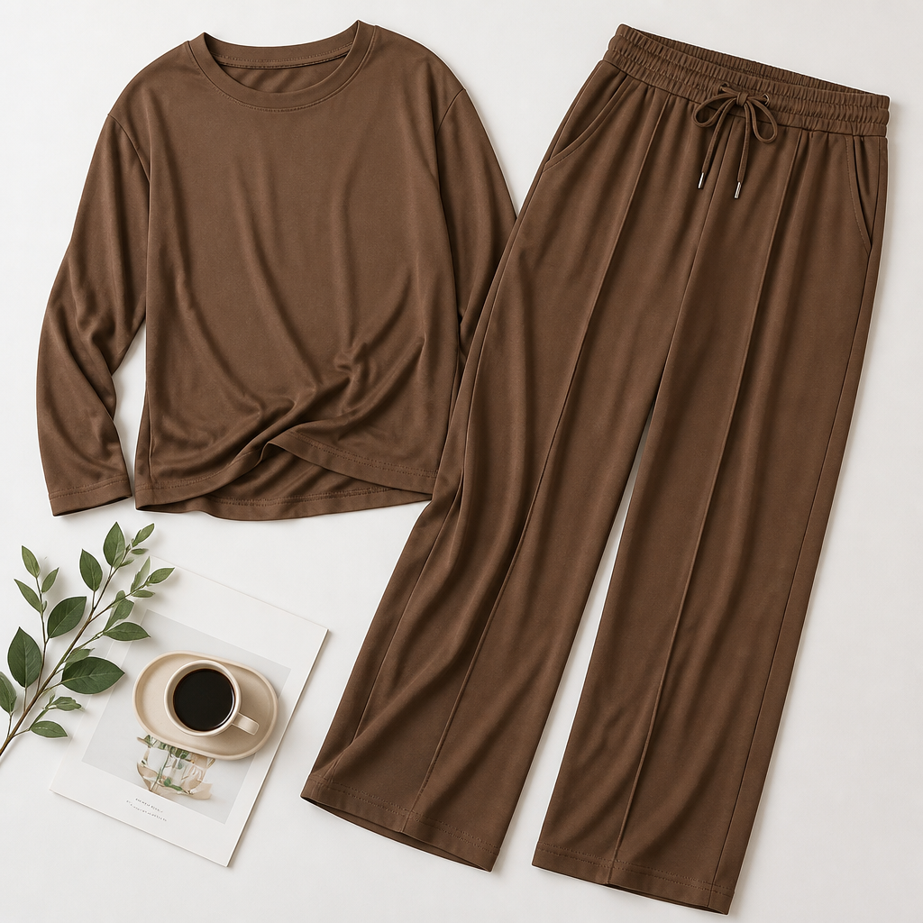 ElysianEase – Relaxed Long Sleeve Top & Wide-Leg Pants Set - Lamylie