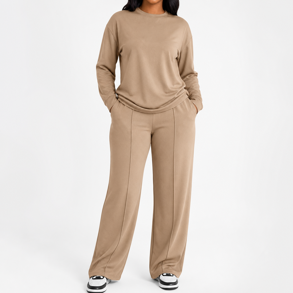 ElysianEase – Relaxed Long Sleeve Top & Wide-Leg Pants Set - Lamylie