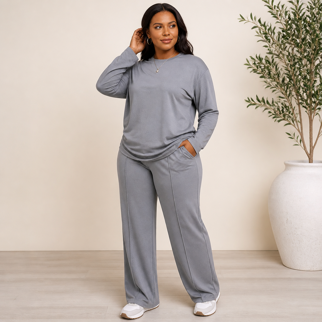ElysianEase – Relaxed Long Sleeve Top & Wide-Leg Pants Set - Lamylie