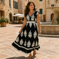 LuminaSway – Vintage Baroque Print V-Neck Maxi Dress - Lamylie