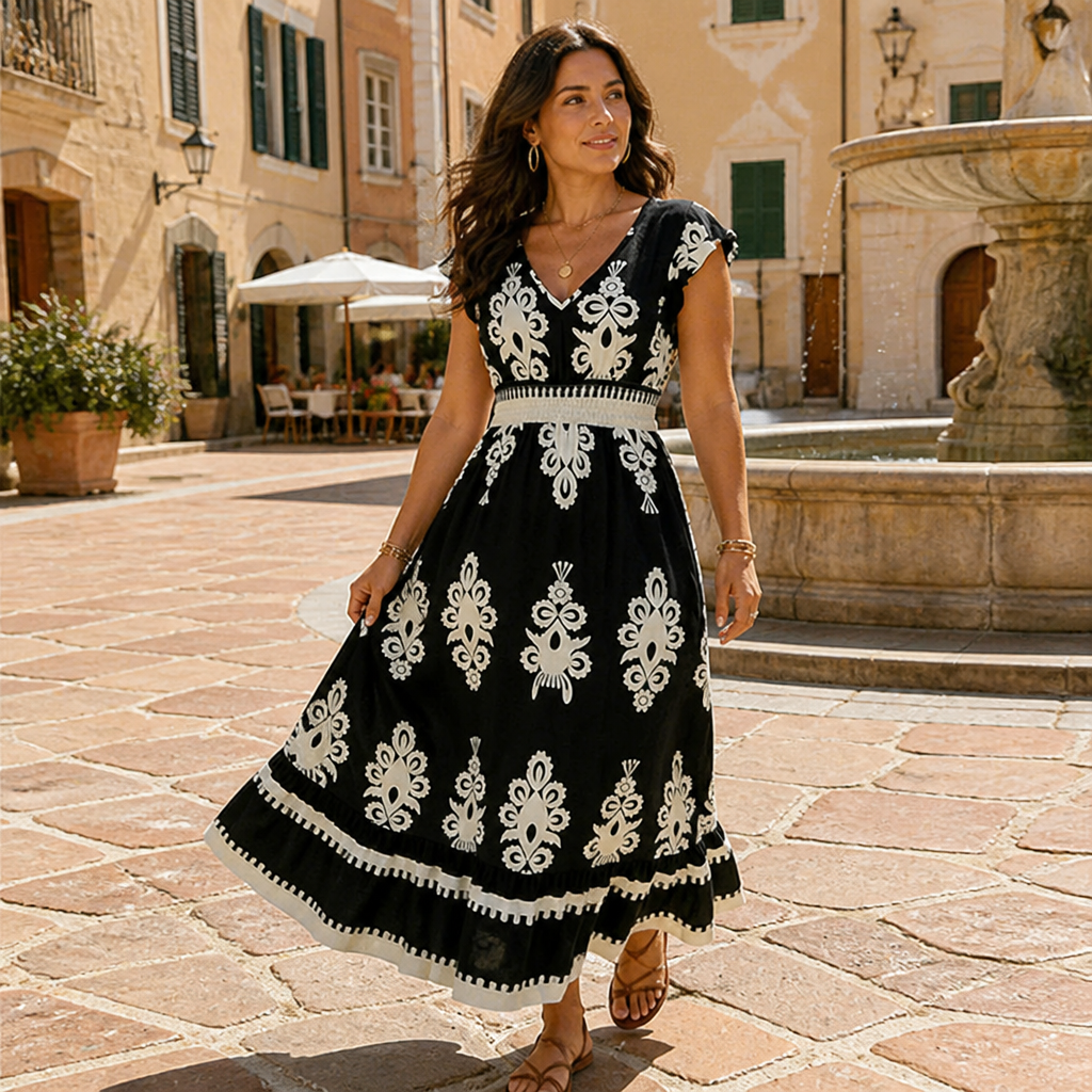 LuminaSway – Vintage Baroque Print V-Neck Maxi Dress - Lamylie