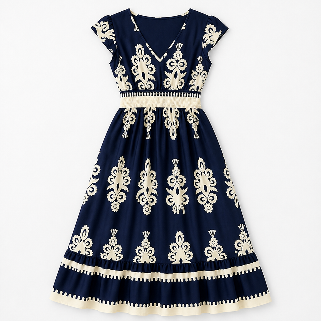 LuminaSway – Vintage Baroque Print V-Neck Maxi Dress - Lamylie