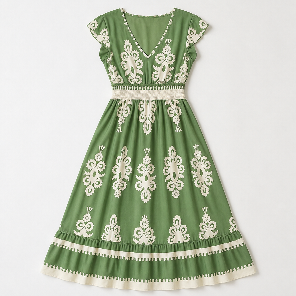 LuminaSway – Vintage Baroque Print V-Neck Maxi Dress - Lamylie