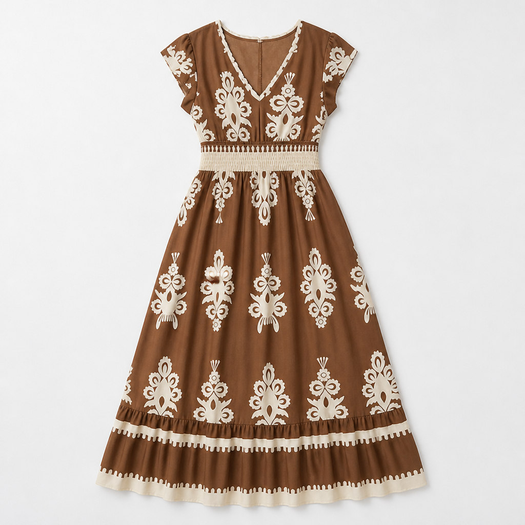 LuminaSway – Vintage Baroque Print V-Neck Maxi Dress - Lamylie