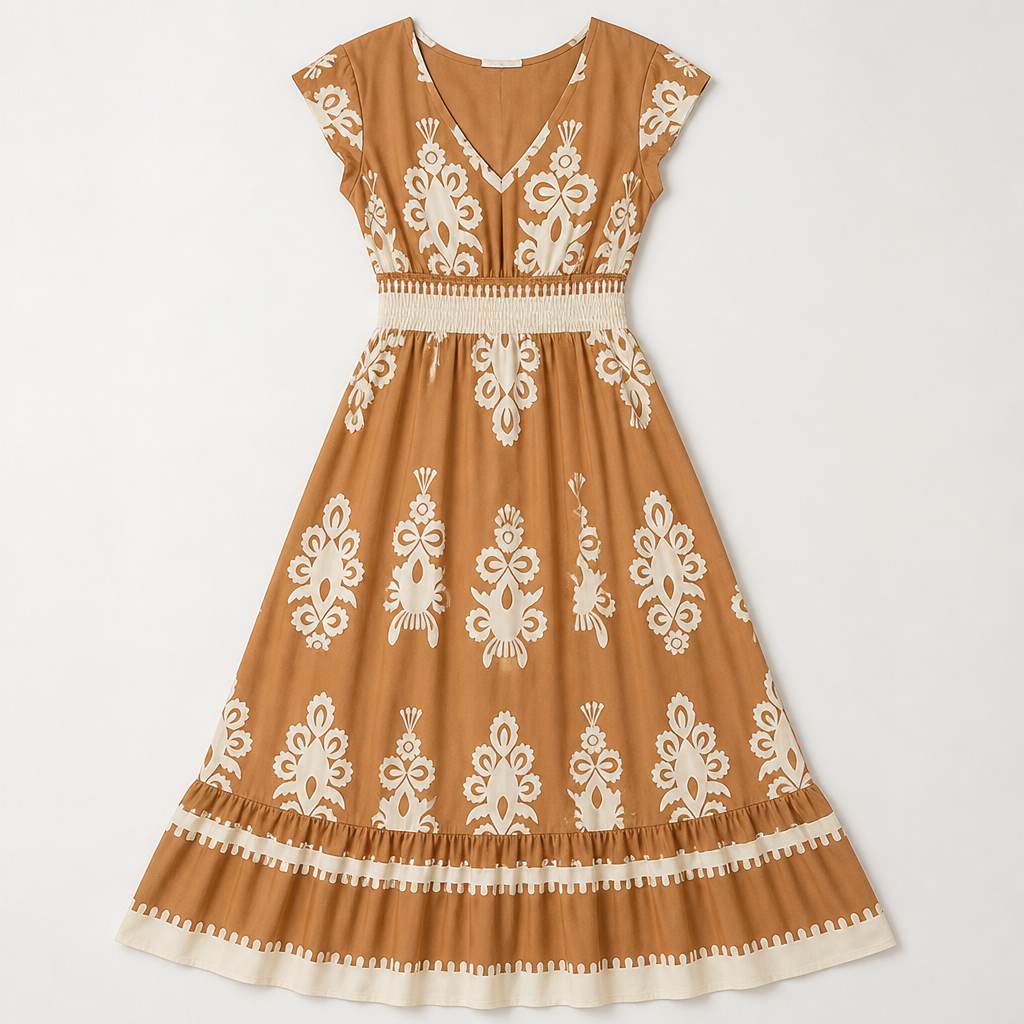 LuminaSway – Vintage Baroque Print V-Neck Maxi Dress - Lamylie