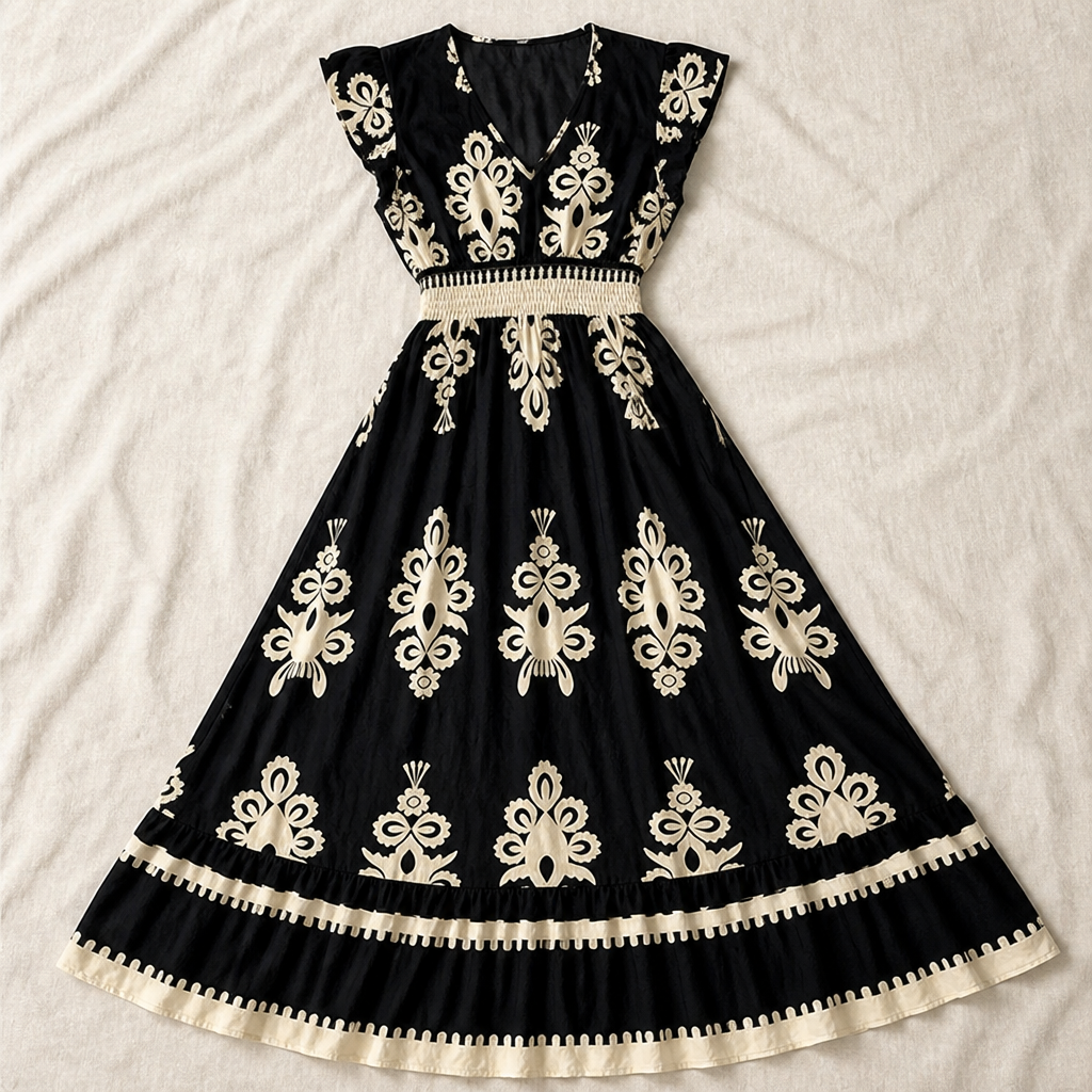 LuminaSway – Vintage Baroque Print V-Neck Maxi Dress - Lamylie