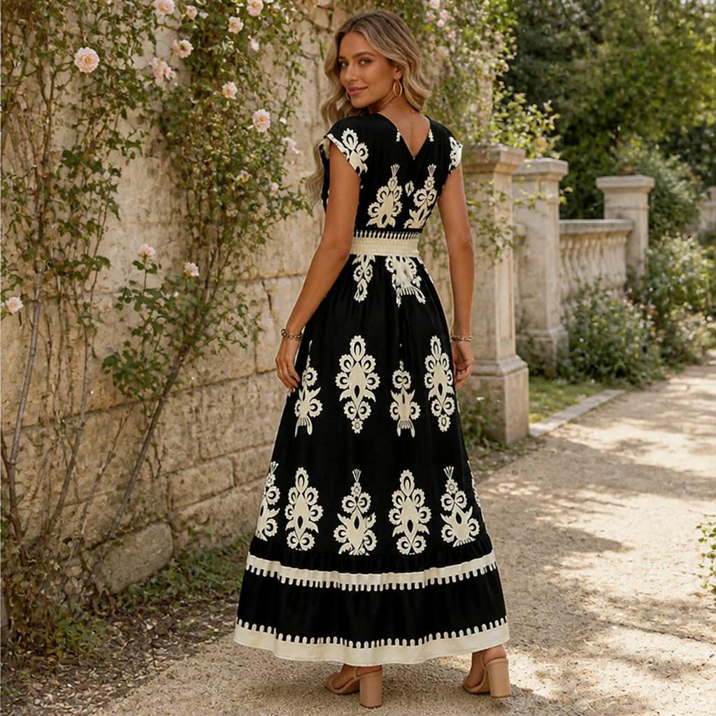 LuminaSway – Vintage Baroque Print V-Neck Maxi Dress - Lamylie