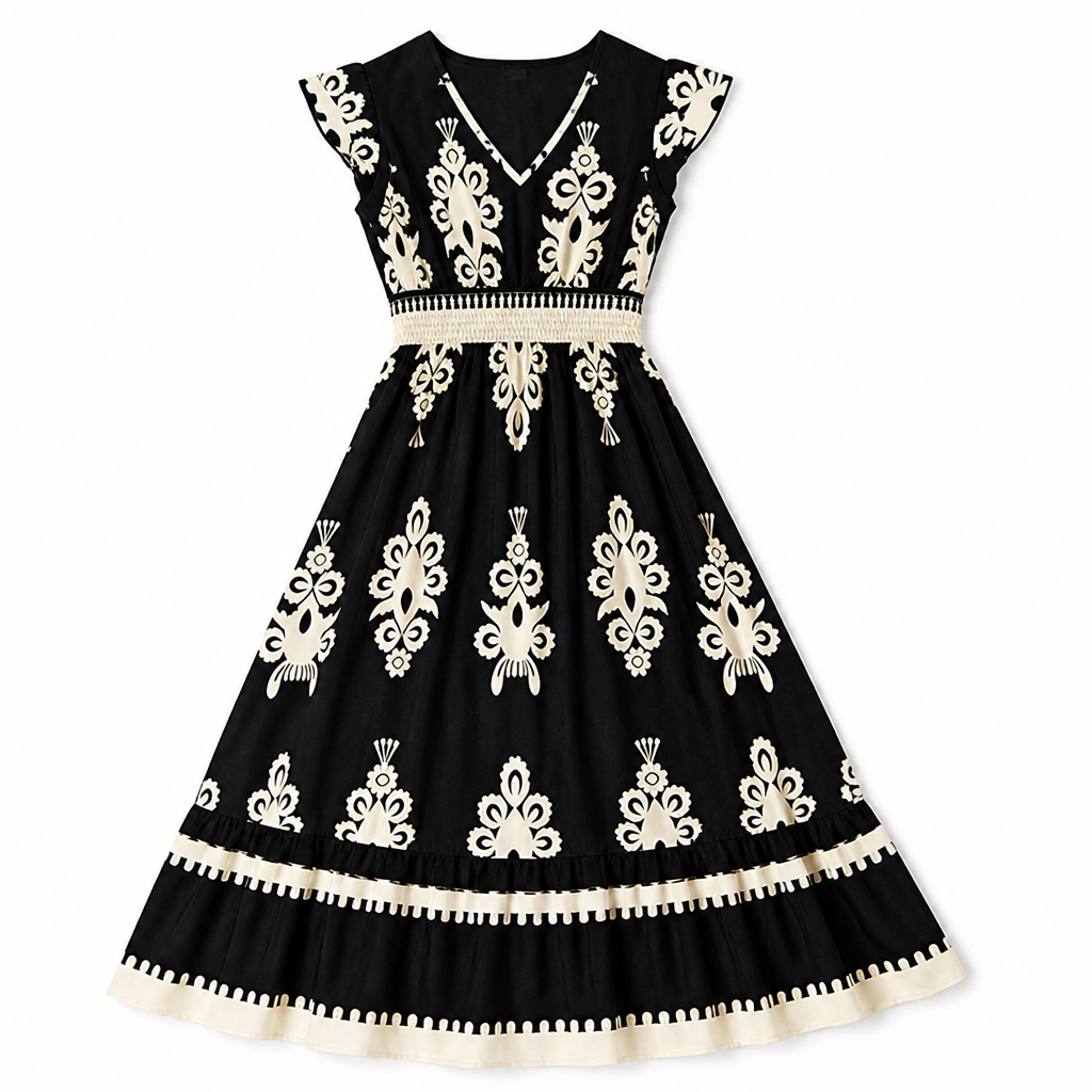LuminaSway – Vintage Baroque Print V-Neck Maxi Dress - Lamylie
